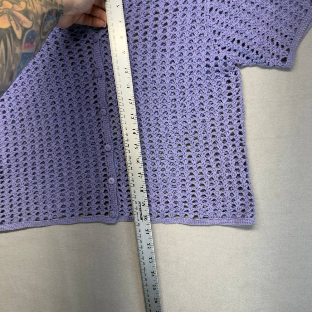 Handmade Y2K Crochet Cardigan Women Medium Purple Short Sleeve Boho Knit V-Neck - Picture 7 of 9